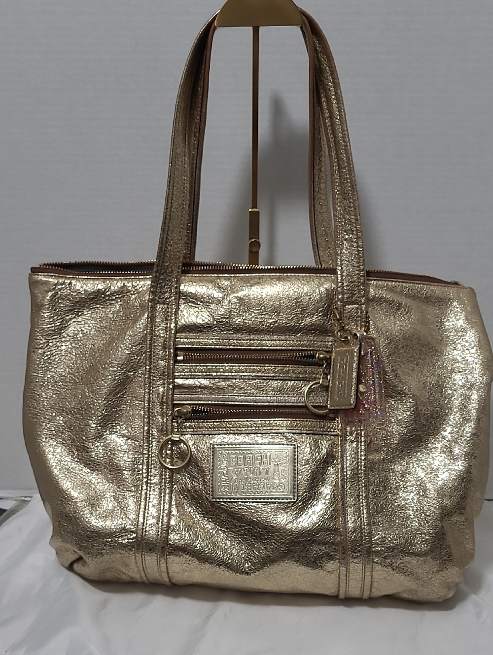 Coach Poppy Metallic Gold Leather Tote with Front Zips